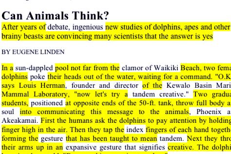 Can animals think article by eugene linden summary writing chalked up to human