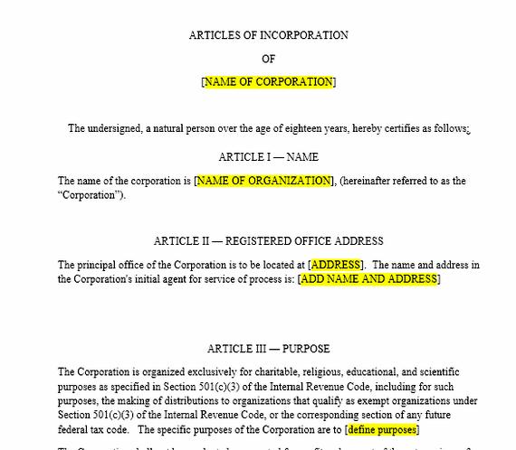 Writing articles of incorporation for llc Articles of Incorporation